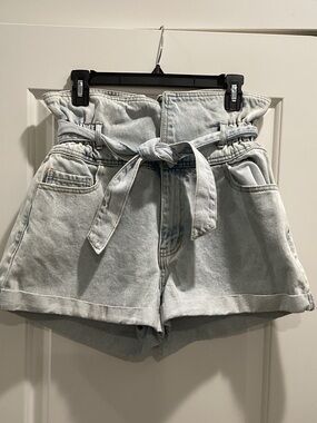 Forever 21 Light Blue High-Waist Paperbag Denim Shorts with Tie